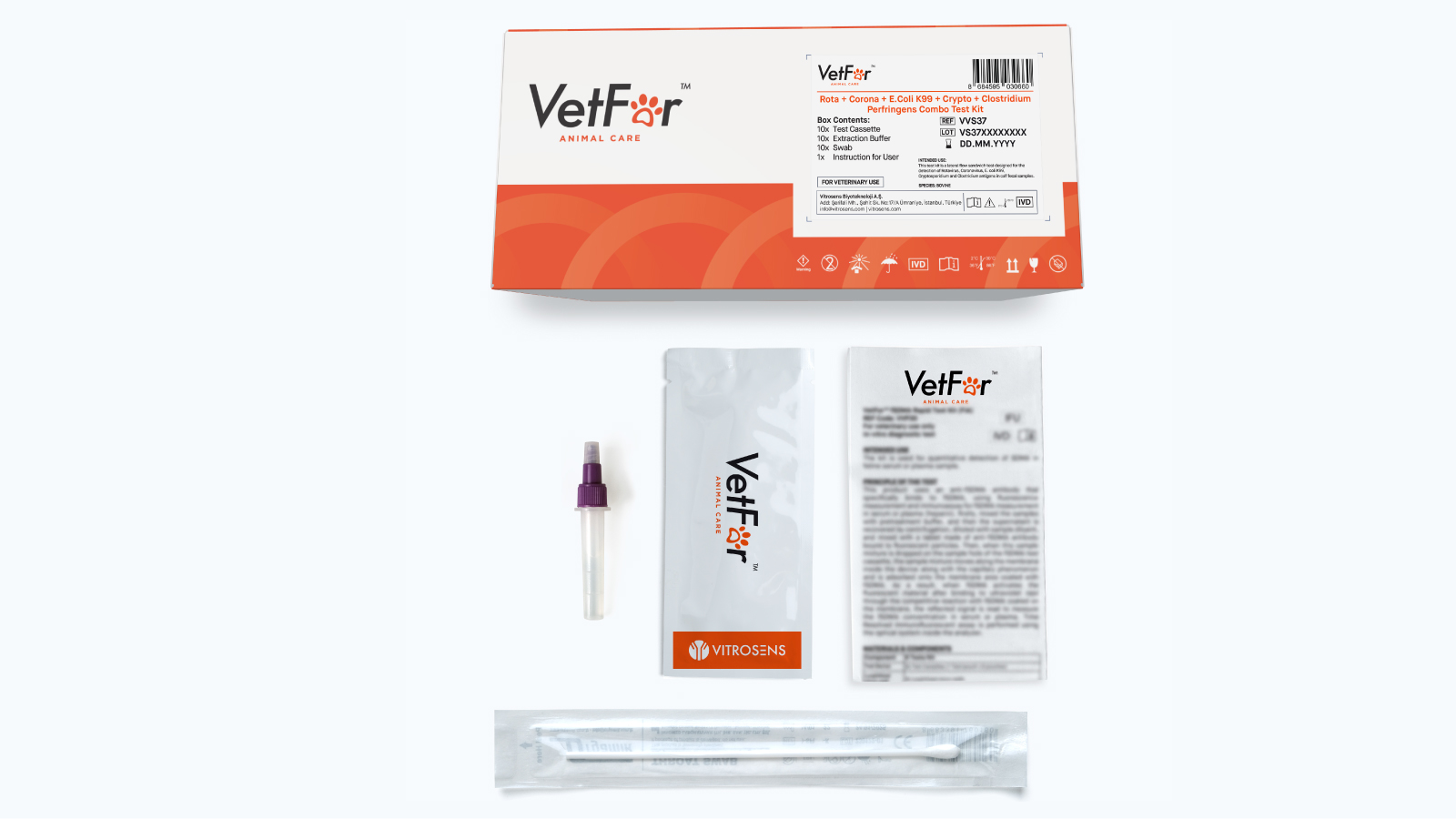 Figure 1: VetFor Rota + Corona + E. Coli K99 + Crypto + Clostridium Combo Rapid Test Kit Content
