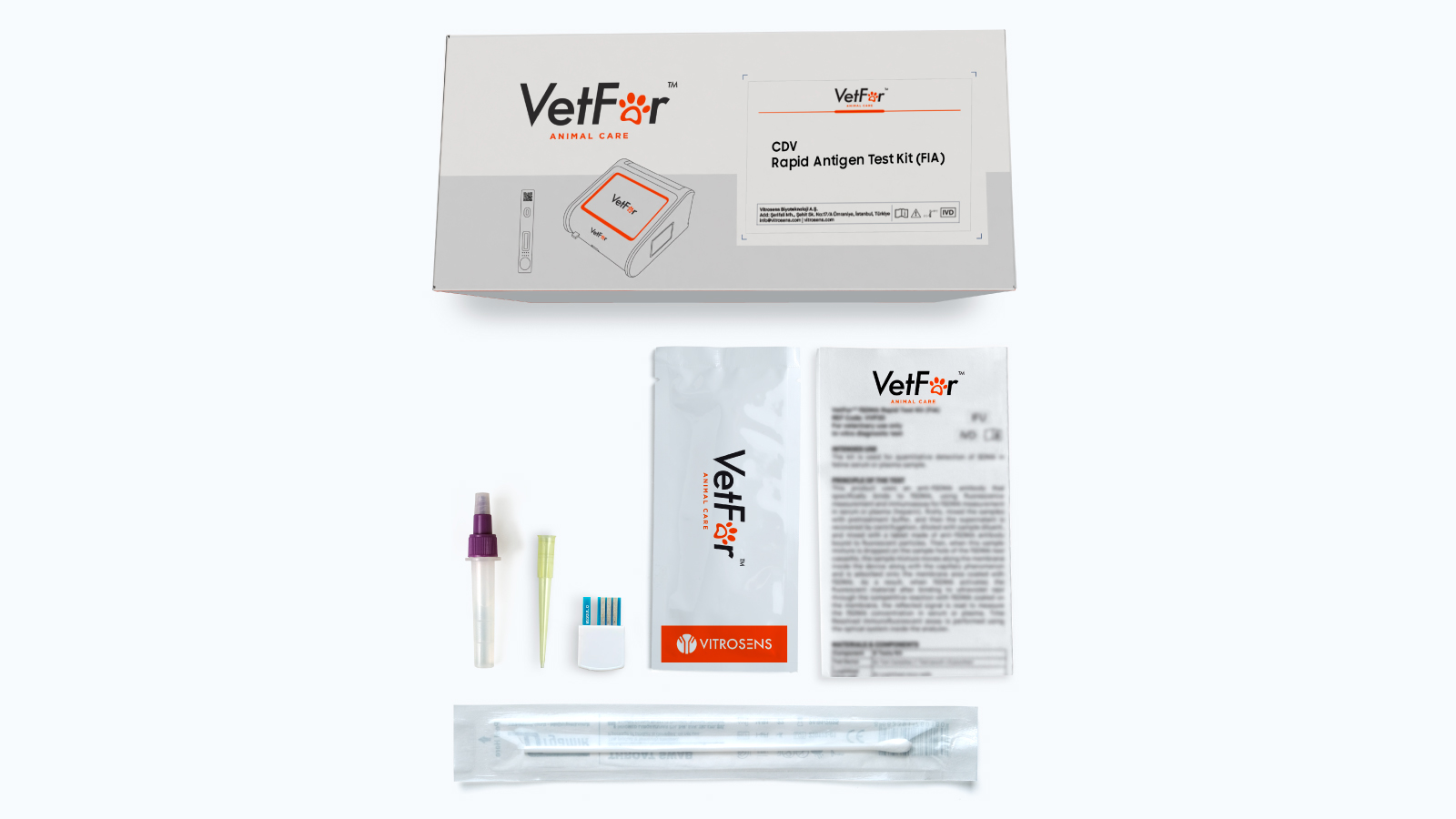 Figure 2. VetFor CDV Rapid Antigen Test Kit (FIA) Box Content